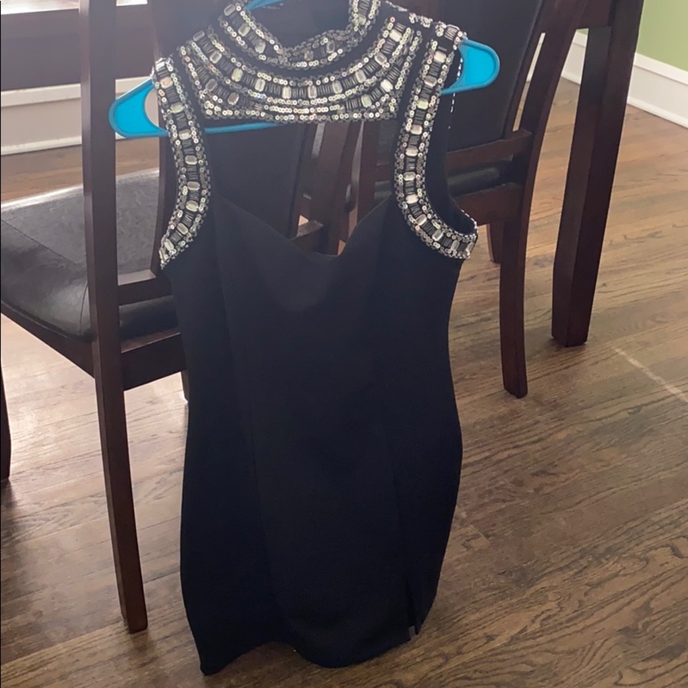 Bedazzled neckline black dress